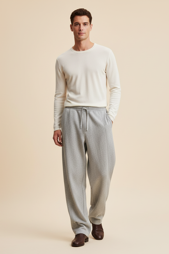Pantalon Baggy Gris Clair Tricoté Ample Cordon Décontracté - Molleton
