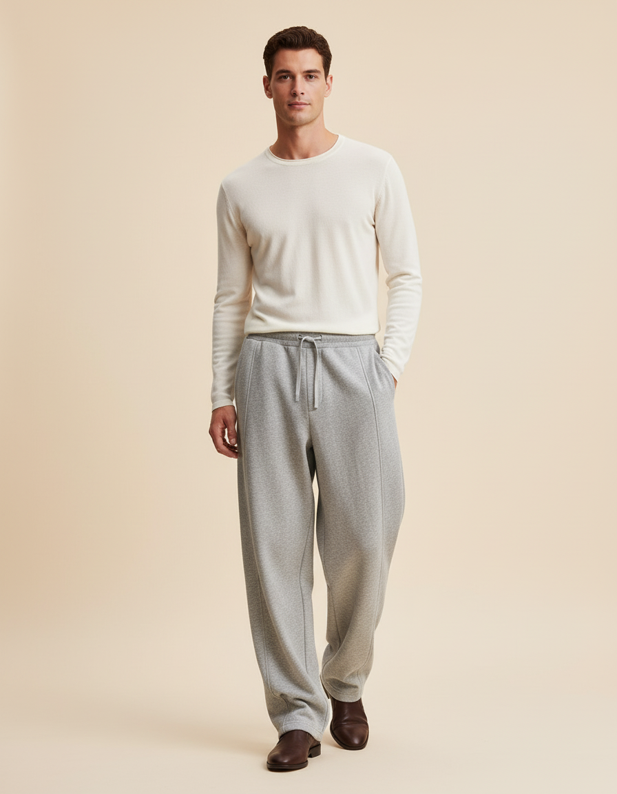 Pantalon Baggy Gris Clair Tricoté Ample Cordon Décontracté - Molleton