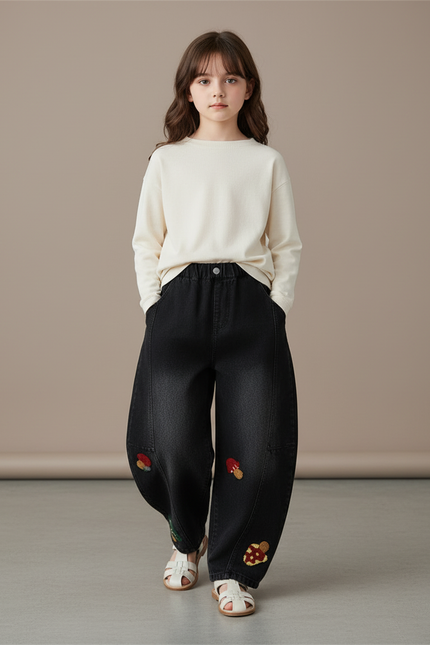 Pantalon Baggy Noir Brodé Champignons Ample Fille - Jean