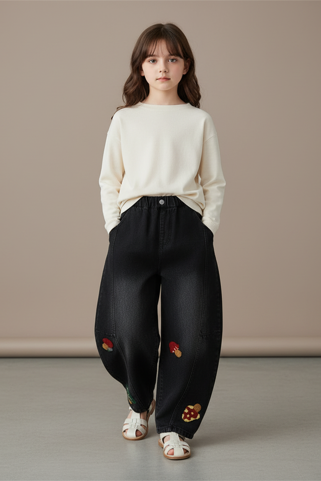 Pantalon Baggy Noir Brodé Champignons Ample Fille - Jean