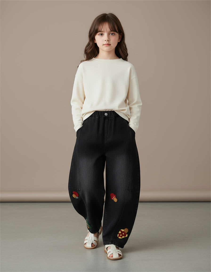 Pantalon Baggy Noir Brodé Champignons Ample Fille - Jean