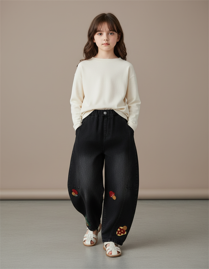 Pantalon Baggy Noir Brodé Champignons Ample Fille - Jean
