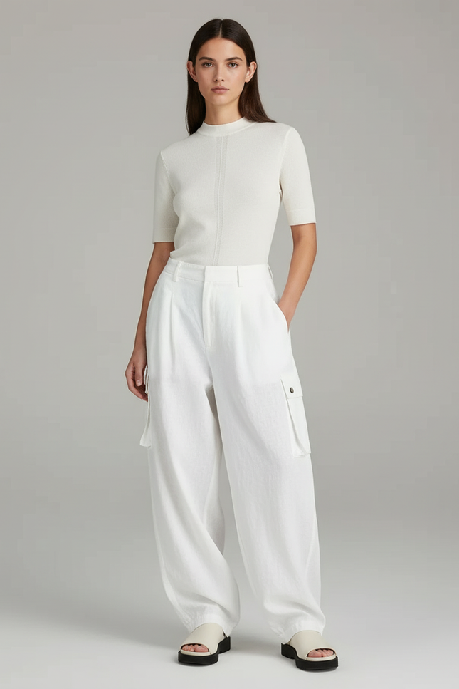 Pantalon Baggy Blanc Cargo Ample Lin Décontracté
