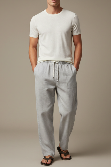 Pantalon Baggy Gris Clair Lin Cordon Décontracté Homme
