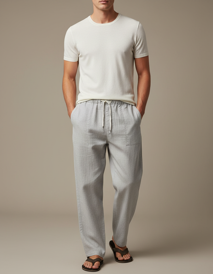 Pantalon Baggy Gris Clair Lin Cordon Décontracté Homme