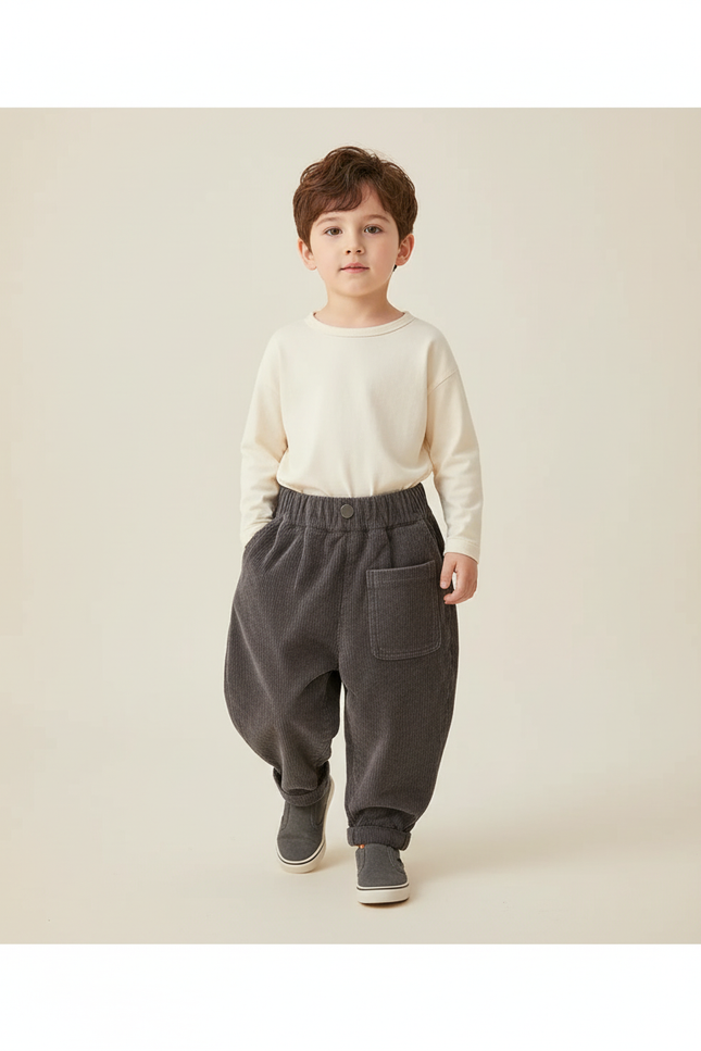 Pantalon Baggy Gris Côtelé Ample Décontracté Enfant - Cordé