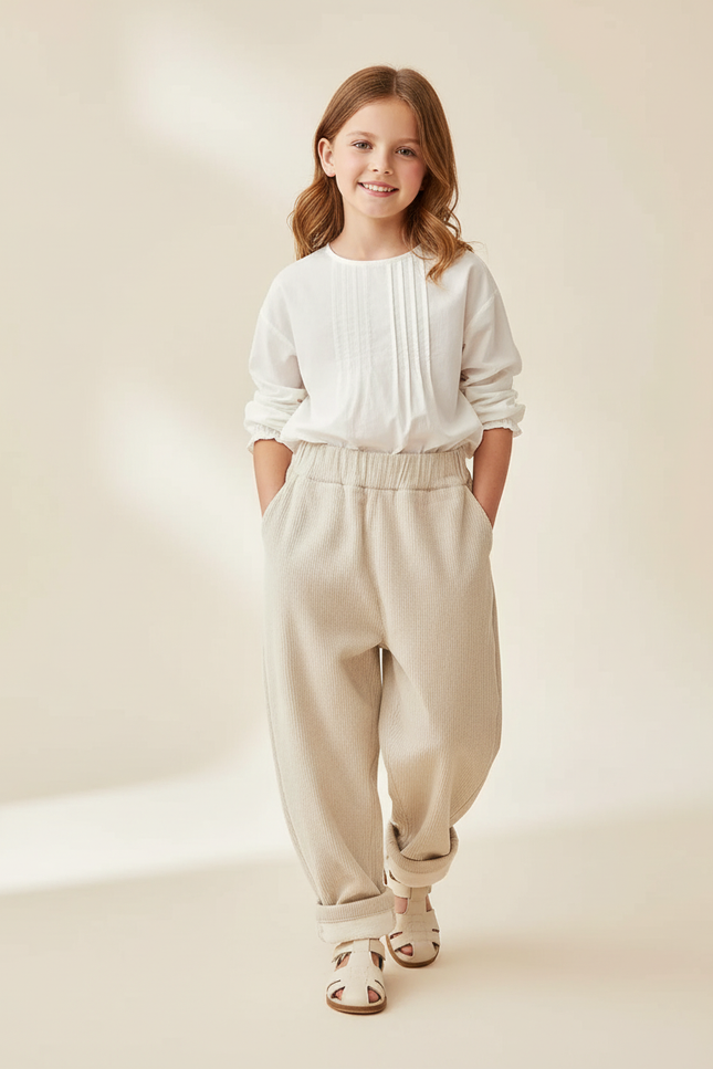 Pantalon Baggy Beige Côtelé Ample Décontracté Enfant - Cordé