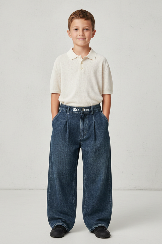 Pantalon Baggy Denim Large Plissé Décontracté - Bleu Jean