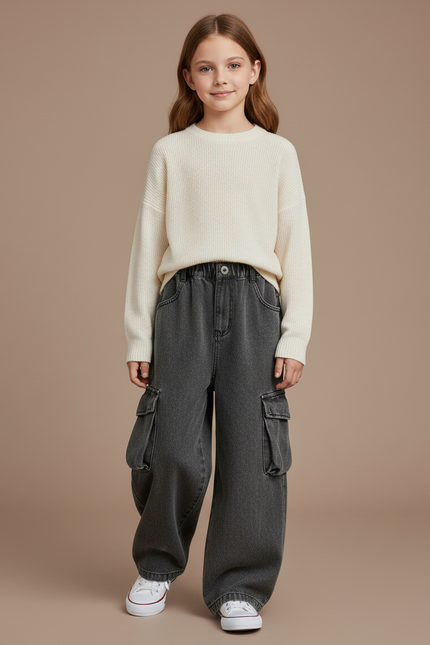 Pantalon Baggy Gris Cargo Ample Denim Enfant - Jean