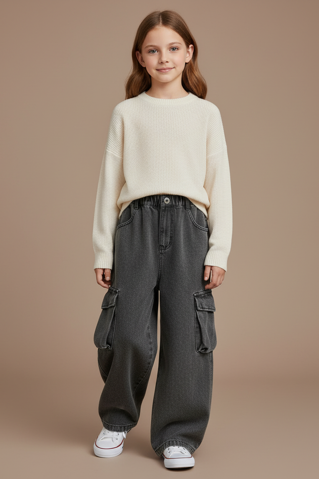 Pantalon Baggy Gris Cargo Ample Denim Enfant - Jean