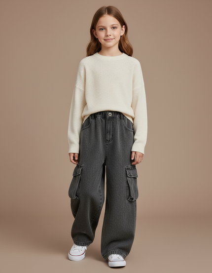 Pantalon Baggy Gris Cargo Ample Denim Enfant - Jean