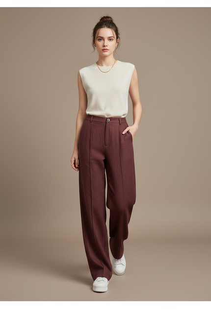 Pantalon Baggy Marron Ample Taille Haute Droit - Bordeaux Laine