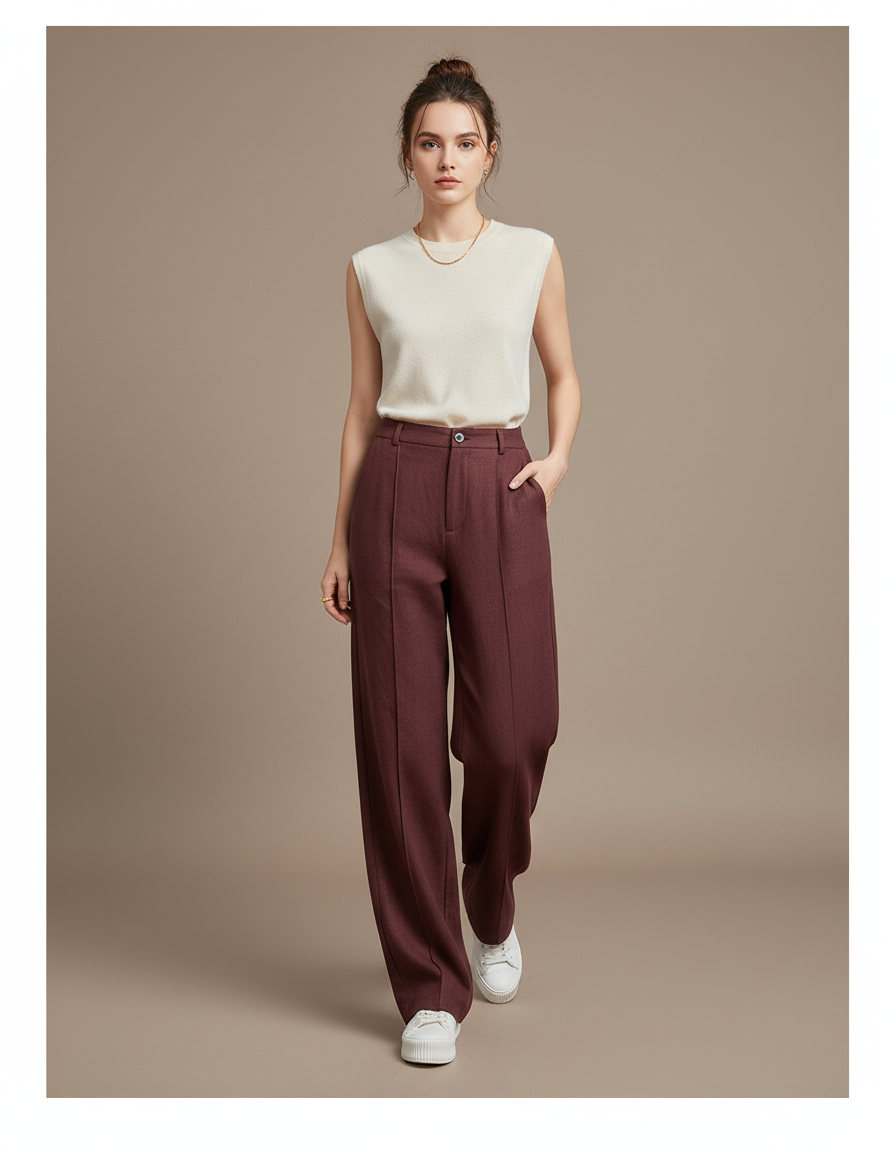 Pantalon Baggy Marron Ample Taille Haute Droit - Bordeaux Laine