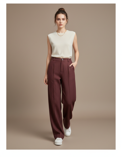 Pantalon Baggy Marron Ample Taille Haute Droit - Bordeaux Laine