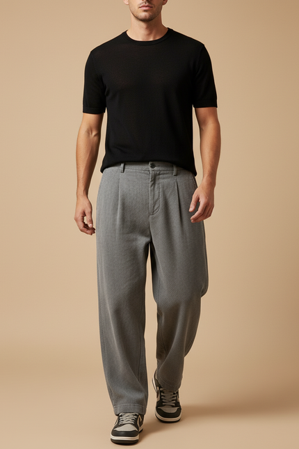 Pantalon Baggy Gris Plissé Ample Texturé Homme - Cordé