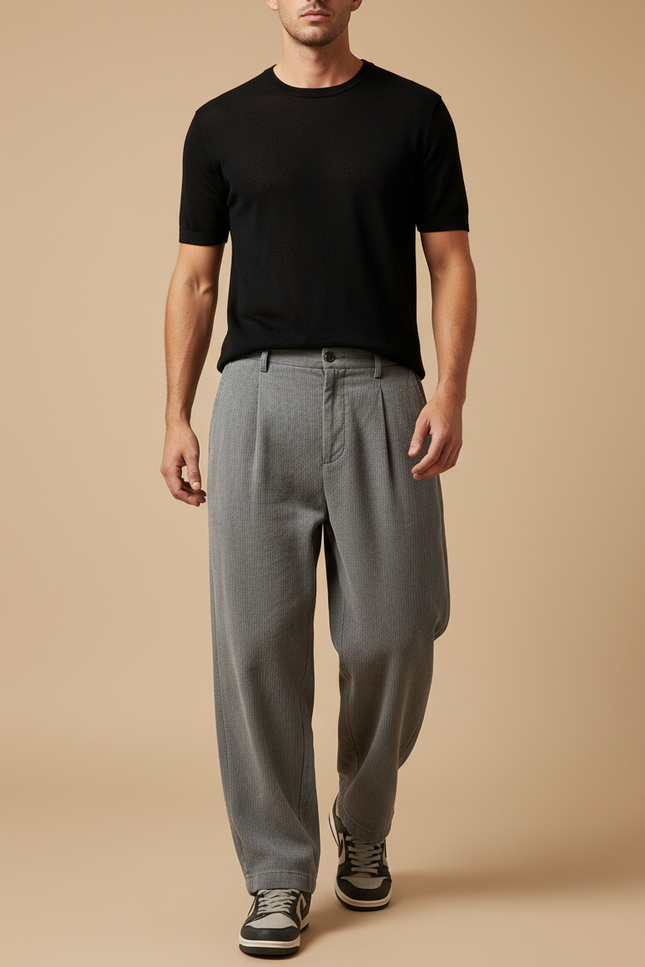Pantalon Baggy Gris Plissé Ample Texturé Homme - Cordé