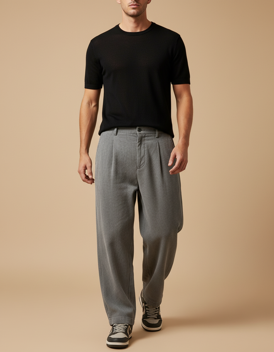 Pantalon Baggy Gris Plissé Ample Texturé Homme - Cordé