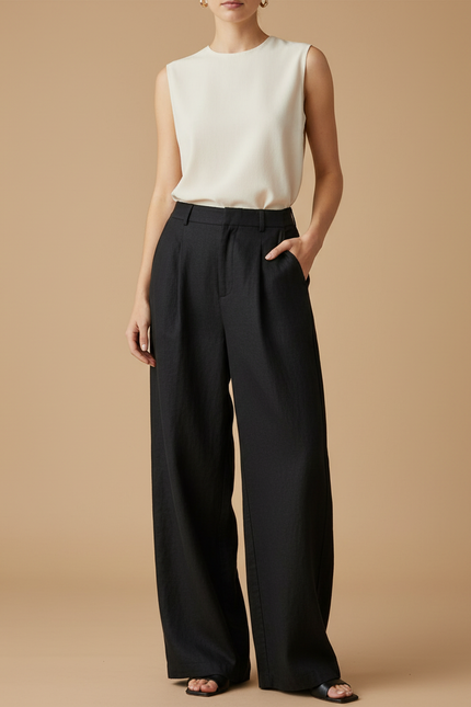 Pantalon Baggy Noir Ample Taille Haute Droit Élégant - Lin