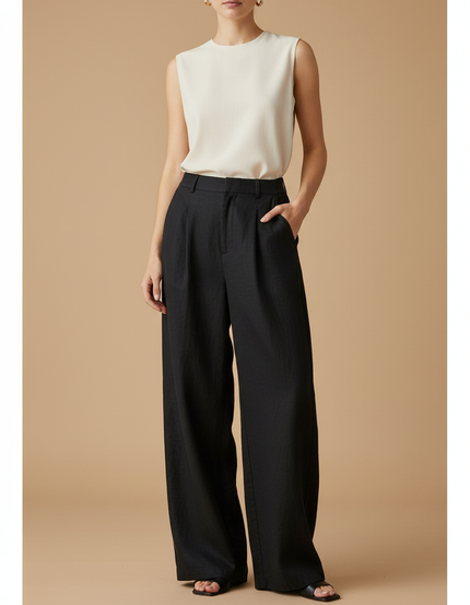Pantalon Baggy Noir Ample Taille Haute Droit Élégant - Lin