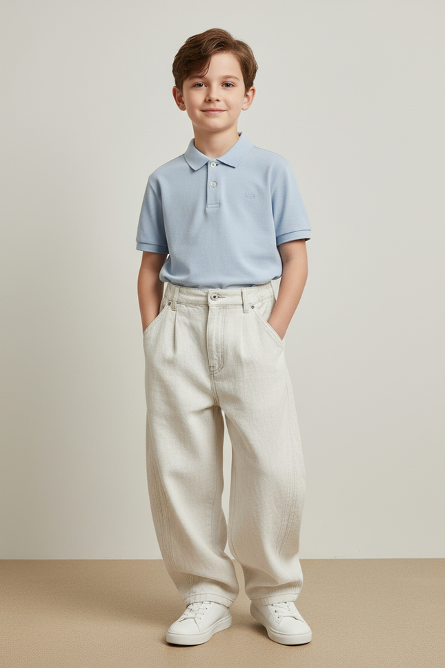 Pantalon Baggy Blanc Cassé Ample Plissé Décontracté Garçon - Beige Jean