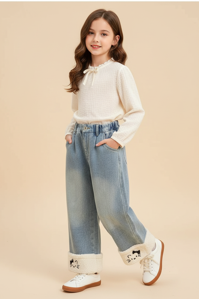 Pantalon Baggy Denim Bleu Ample Doublé Chat - Jean