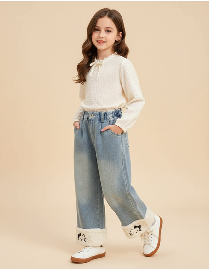 Pantalon Baggy Denim Bleu Ample Doublé Chat - Jean