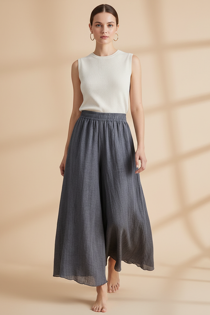 Pantalon Baggy Gris Ample Lin Fluide Femme