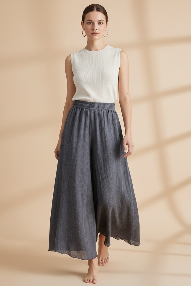 Pantalon Baggy Gris Ample Lin Fluide Femme