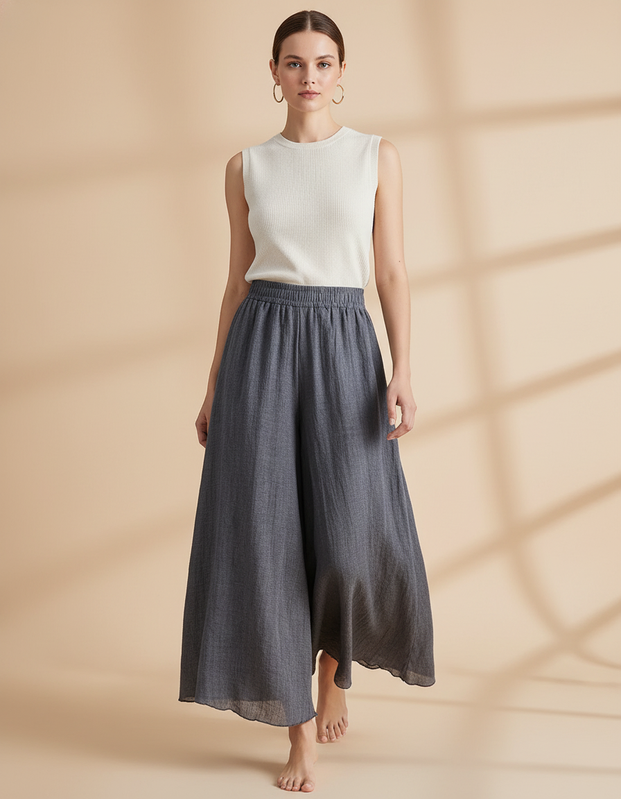 Pantalon Baggy Gris Ample Lin Fluide Femme