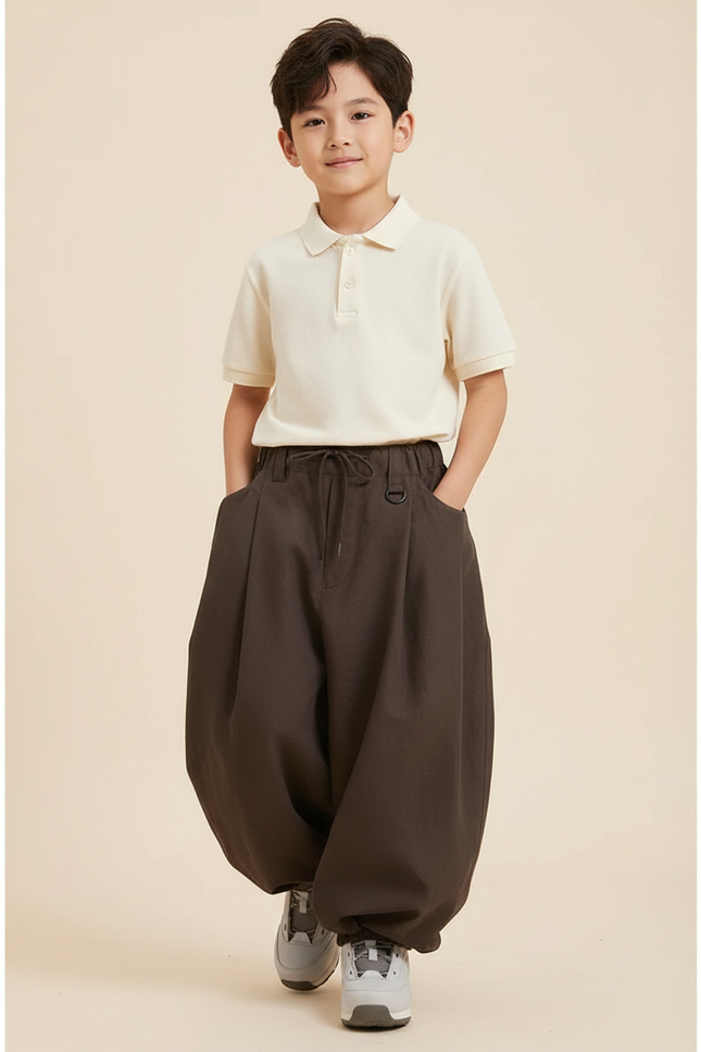 Pantalon Baggy Marron Ample Plissé Décontracté Enfant - Toile