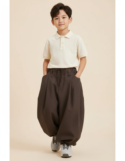Pantalon Baggy Marron Ample Plissé Décontracté Enfant - Toile