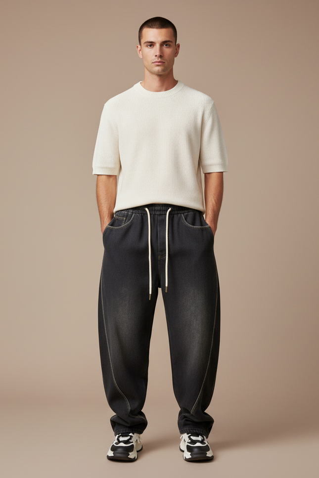 Pantalon Baggy Denim Gris Ample Décontracté Homme - Jean