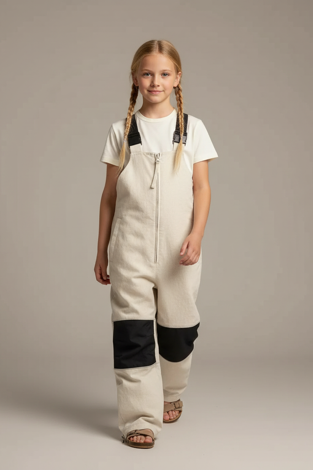 Pantalon Baggy Beige Enfant Bretelles Genoux Renforcés - Toile