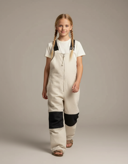 Pantalon Baggy Beige Enfant Bretelles Genoux Renforcés - Toile
