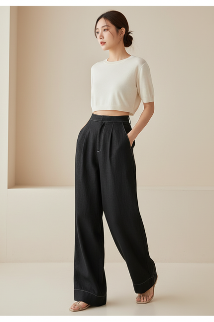 Pantalon Baggy Noir Ample Fluide Décontracté Élégant - Lin