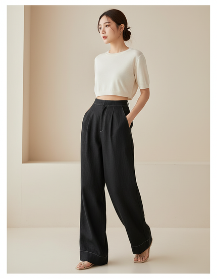 Pantalon Baggy Noir Ample Fluide Décontracté Élégant - Lin