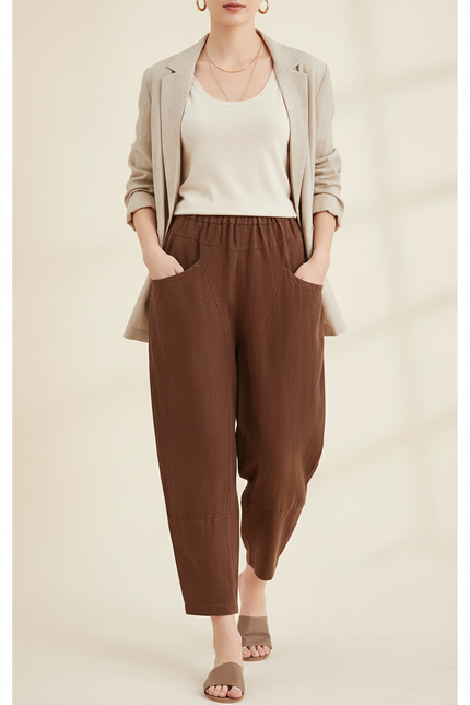 Pantalon Baggy Marron Lin Ample Taille Élastique