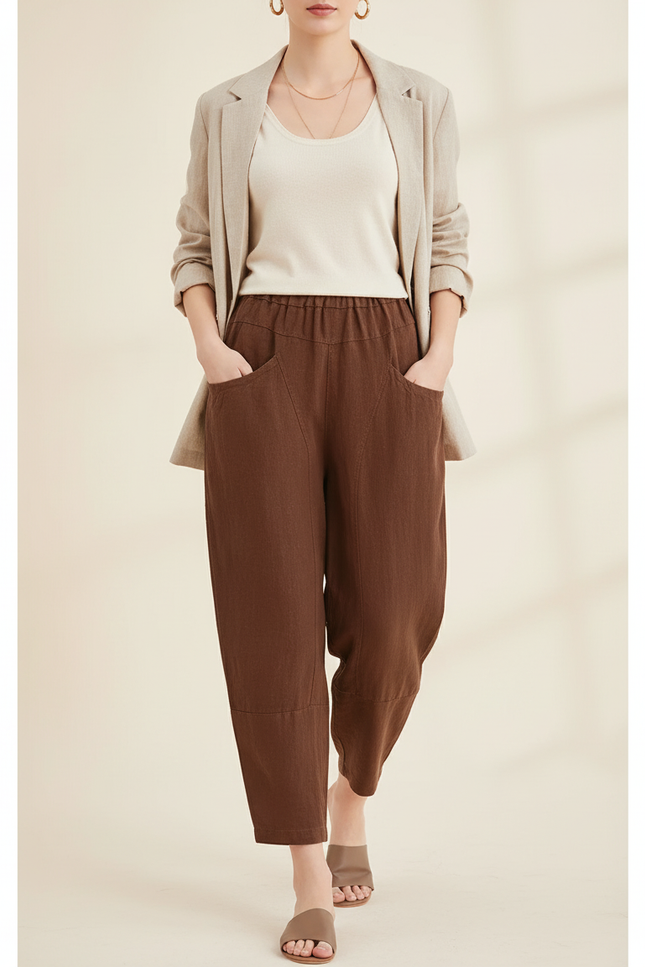 Pantalon Baggy Marron Lin Ample Taille Élastique