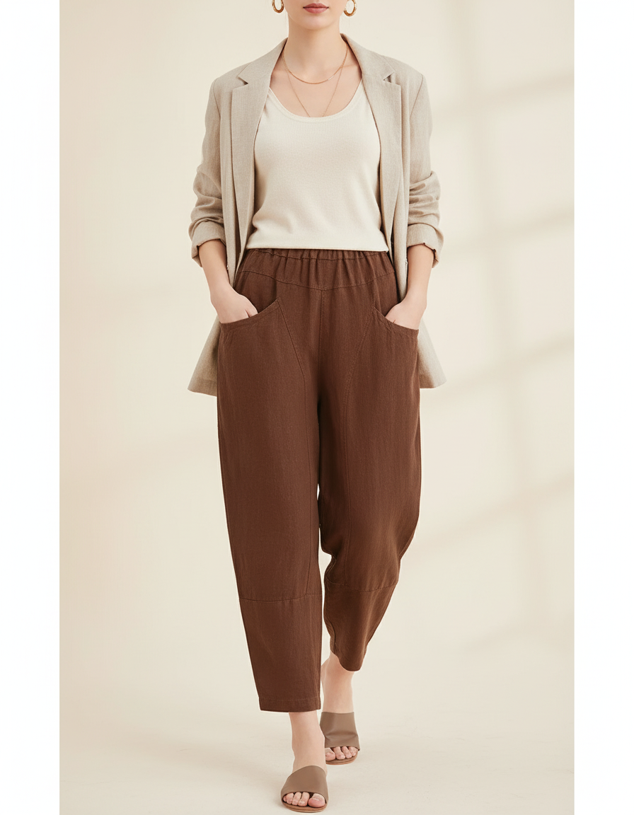 Pantalon Baggy Marron Lin Ample Taille Élastique