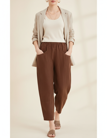 Pantalon Baggy Marron Lin Ample Taille Élastique