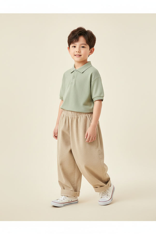 Pantalon Baggy Côtelé Beige Ample Élastique Enfant - Cordé
