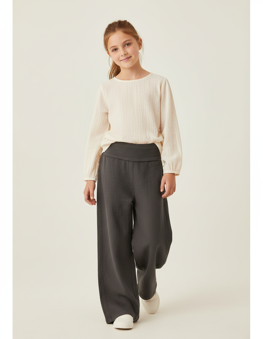 Pantalon Baggy Gris Ample Décontracté Confortable Fille - Lin