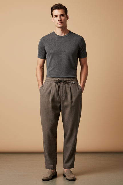 Pantalon Baggy Marron Ample Décontracté Homme Cordon - Laine