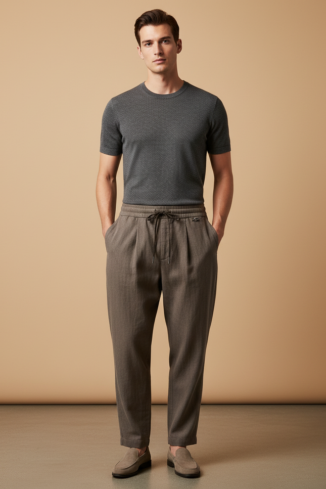 Pantalon Baggy Marron Ample Décontracté Homme Cordon - Laine