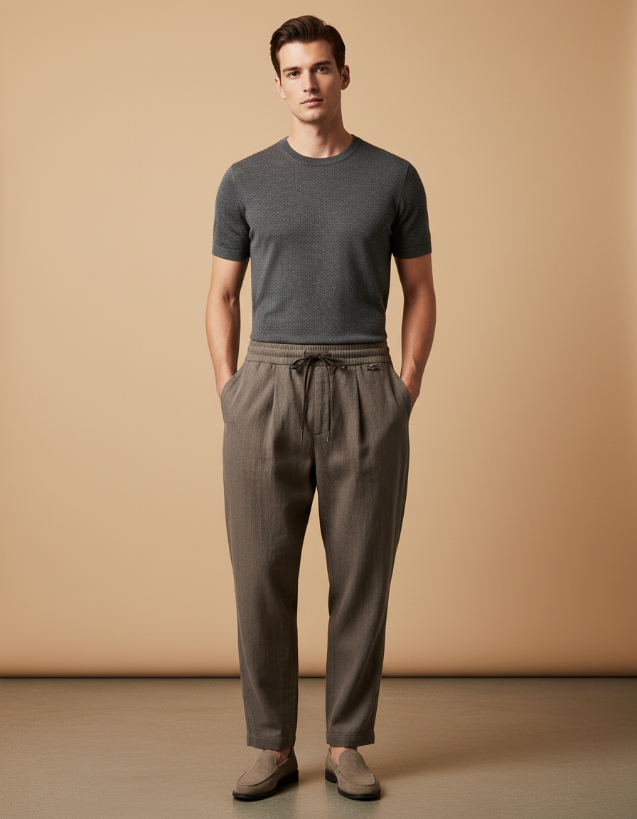 Pantalon Baggy Marron Ample Décontracté Homme Cordon - Laine