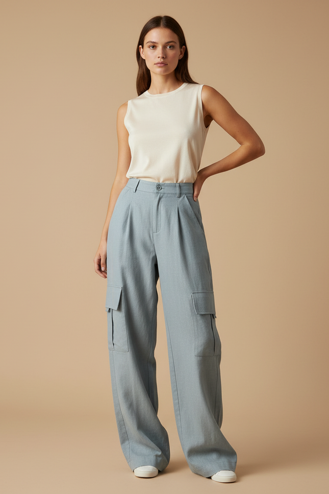 Pantalon Baggy Cargo Ample Bleu Clair Femme - Toile
