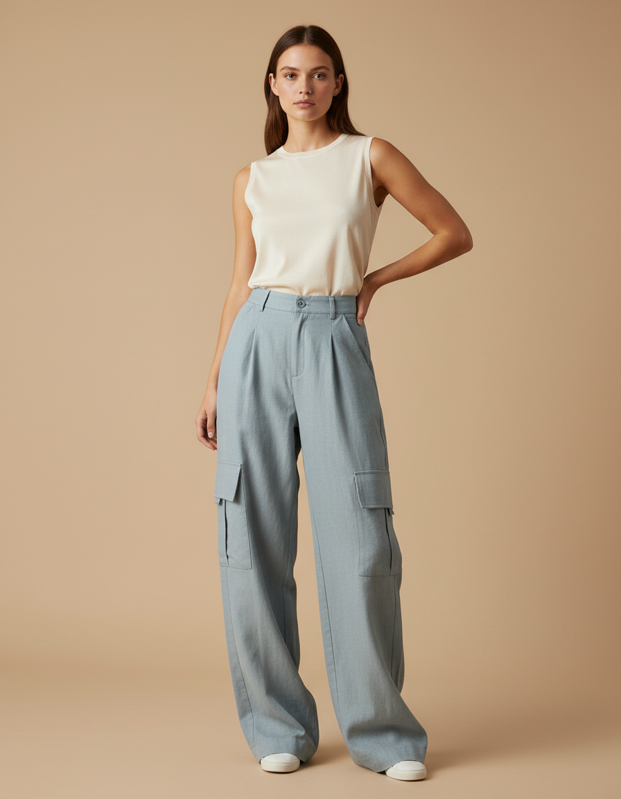 Pantalon Baggy Cargo Ample Bleu Clair Femme - Toile