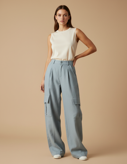 Pantalon Baggy Cargo Ample Bleu Clair Femme - Toile