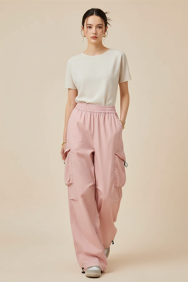 Pantalon Baggy Rose Cargo Ample Femme - Polyester