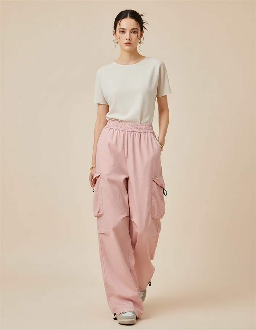 Pantalon Baggy Rose Cargo Ample Femme - Polyester
